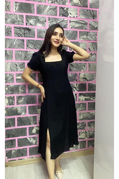 EGELİMODA Kare Yaka Yazlık Midi Boy Yırtmaçlı Elbise
