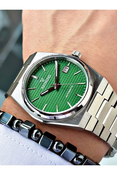 Raymond Silver Color Automatic Steel Case Band Business Men's Wrist Watch + Bracelet