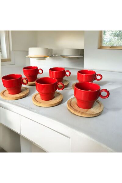 WPAWZ 6 Kişilik Porselen Kahve Takımı Bambu Kırmızı