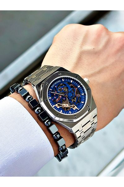 Raymond Silver Color Steel Cord Automatic Business Case Cord Steel Men Wristwatch + Bracelet