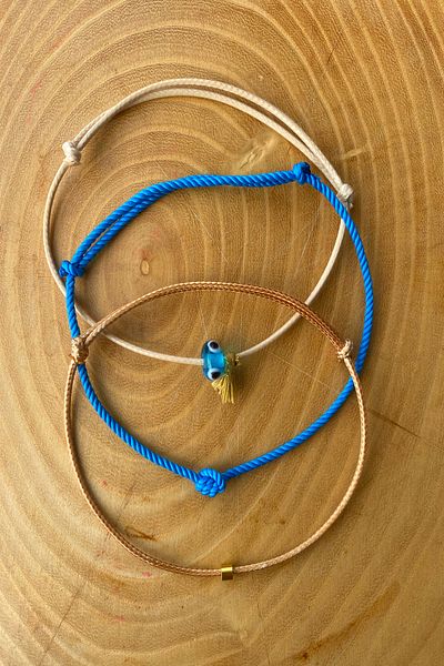 Shepidi 3 Pcs Evil Eye Bead Tassel Blue Beige Slide Lock Braid Anklet