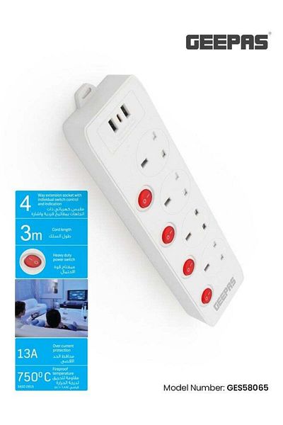 Geepas تمديد الطاقة 4 اتجاهات 3 متر USB PD GES58065