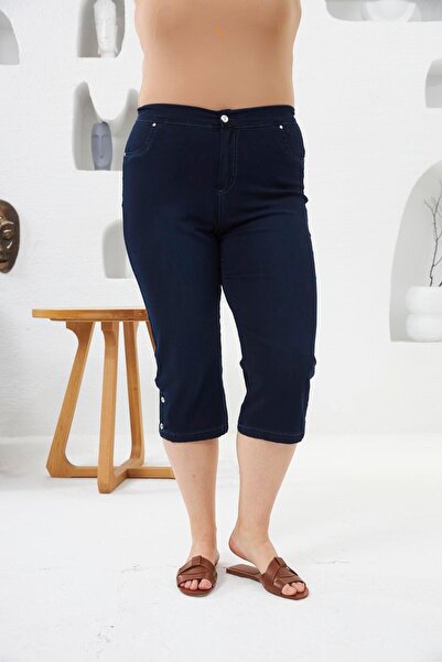 RMG Navy Blue Large Size Capri - Leg Button Detail and Elastic Waist