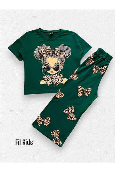 Fil Kids Πράσινη φόρμα για κορίτσι και λεοπάρ φιόγκο 100% βαμβακερή φόρμα