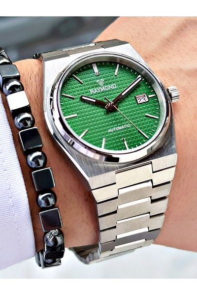 Raymond Silver Color Automatic Steel Case Band Business Men's Wrist Watch + Bracelet