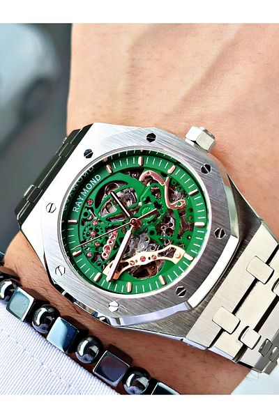 Raymond Silver Color Steel Cord Automatic Business Case Cord Steel Men Wristwatch + Bracelet