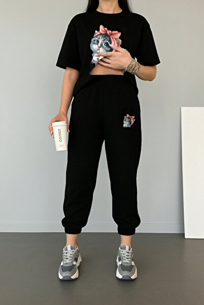 EYAX MODA Women's Cute Cat Printed Tracksuit Set - T-Shirt Jogger Bottom Top Set