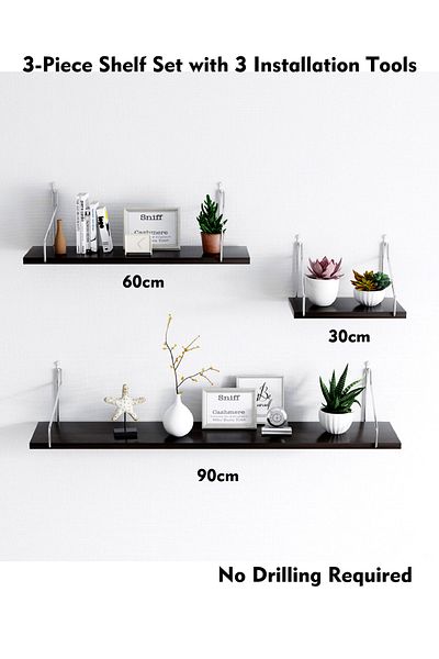 Old_Feller 3-Piece Wooden Floating Shelves with Metal Brackets - Wall Mounted Book Shelf
