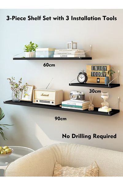 Old_Feller 3-Piece Wooden Floating Shelves with Metal Brackets - Wall Mounted Book Shelf