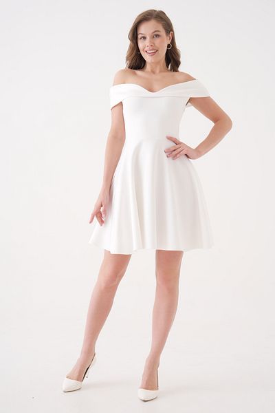 lovebox Women's Flexible Scuba Fabric Strapless Collar White Evening Dress White Engagement Dress Wedding Dress 019