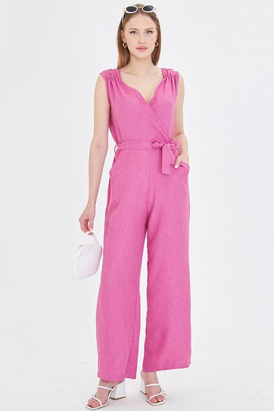 armonika Pink Double Breasted Collar - Shoulder Elastic Detailed Back U Sash Long Jumpsuit