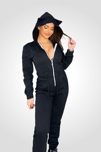 BOMBFIT Thick jumpsuit, with hood and drawstring at the waist, Kitty, Black
