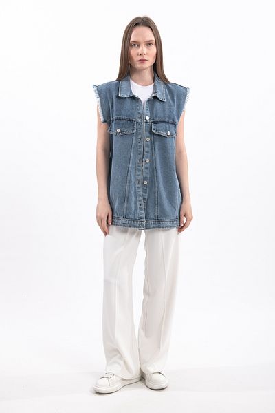 Hatun Atila Antique Denim Vest with Pocket Flap Handles