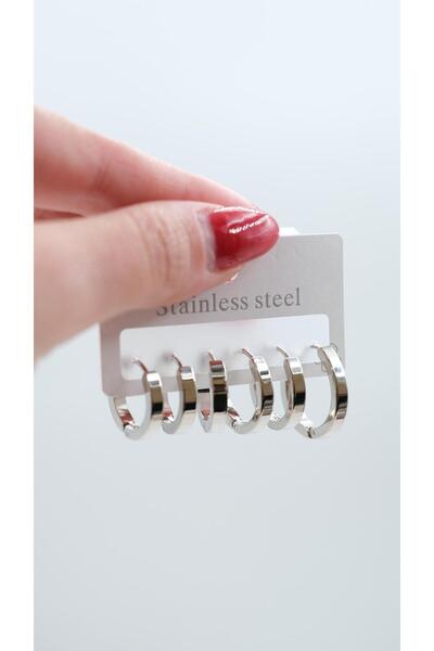 Jerie Silver Bombeli Minimal 6'lı Çelik Küpe Seti