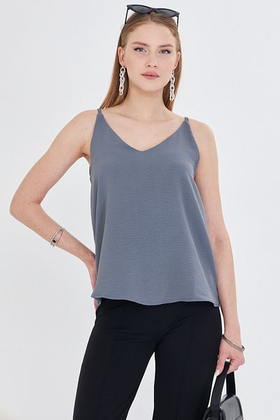 armonika Women's Gray Linen Look Strappy Blouse Arm-24Y 001064