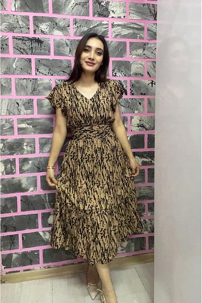 EGELİMODA Midi Length Summer Patterned Frilly V-Neck Viscose Dress