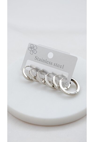 Jerie Silver Bombeli Minimal 6'lı Çelik Küpe Seti