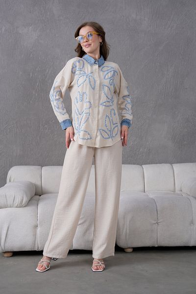 Miss Allos Women's Front Embroidered Collar and Cuff Denim Detailed Linen Shirt and Pants Bottom Top Set