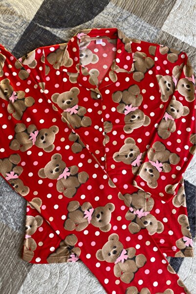 AYREKA HOMEWEAR Red Teddy Bear Patterned Women's Pajama Set Suede