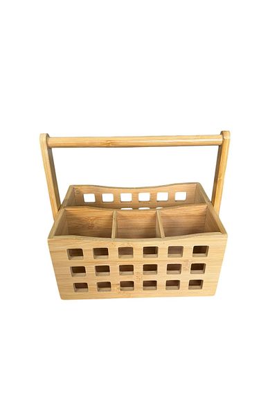 safestore 4 Compartments with Handle Bamboo Cutlery Basket Bamboo Organizer Pen Holder Multi-Purpose Bamboo Basket 23X15 cm