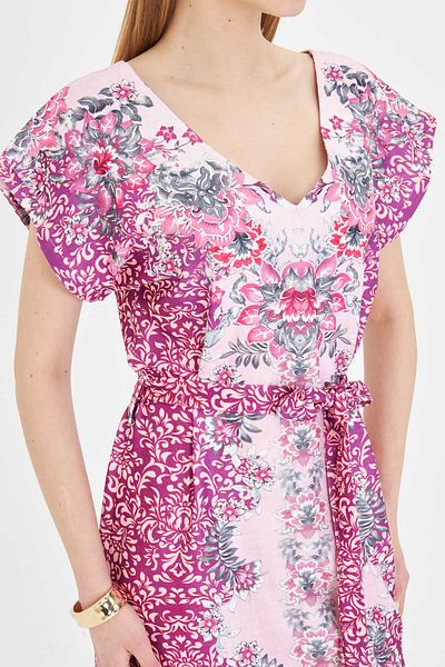 armonika Women's Pink Front Back V-Neck Belted Patterned Dress Arm-25Y 001018