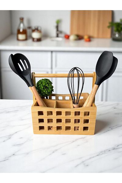 safestore 4 Compartments with Handle Bamboo Cutlery Basket Bamboo Organizer Pen Holder Multi-Purpose Bamboo Basket 23X15 cm