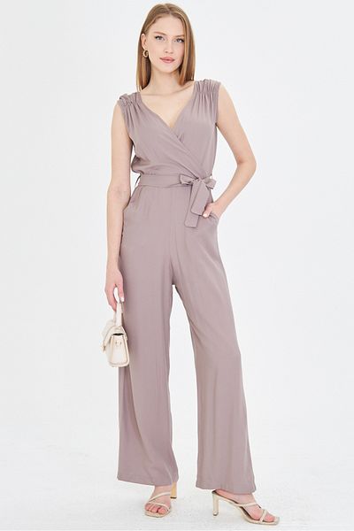 armonika Women's Dark Mink Double Breasted Collar Back Elastic Long Jumpsuit Arm-24Y 001049