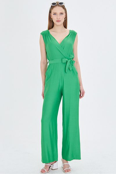 armonika Women's Green Double Breasted Collar Long Jumpsuit V Belt Light Arm-24Y 001049