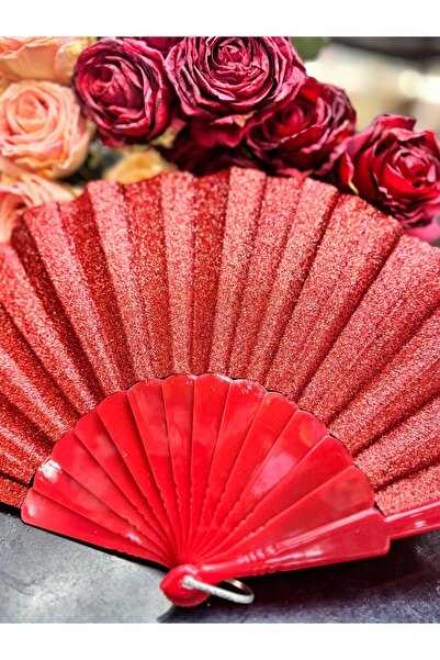 baytoptan Plastik Yelpaze Simli Kırmızı
