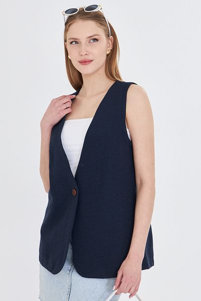 armonika Women's Navy Blue V-Neck Single Button Oversize Vest Arm-25Y 001036