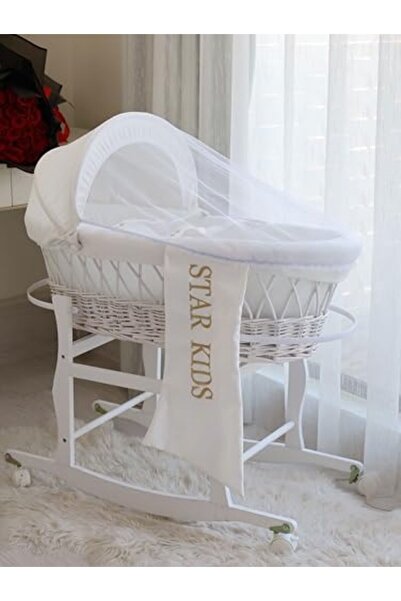 Generic Portable Moses Basket Bed with Rocking Stand and White Bedding