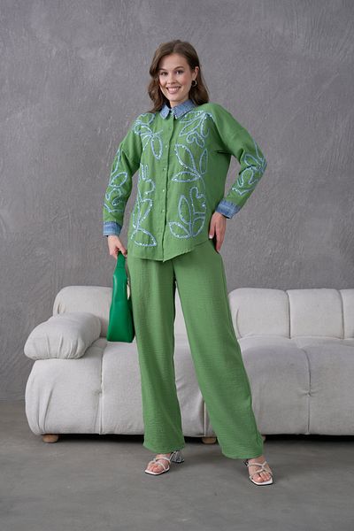 Miss Allos Women's Front Embroidered Collar and Cuff Denim Detailed Linen Shirt and Pants Bottom Top Set