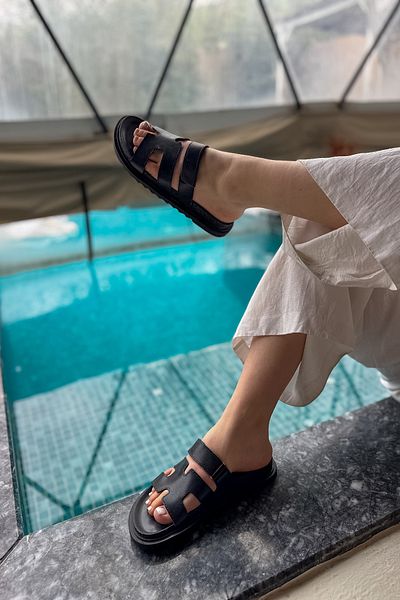SHOEBELLAS Arthur Black Skin Velcro Detailed Women's Slippers