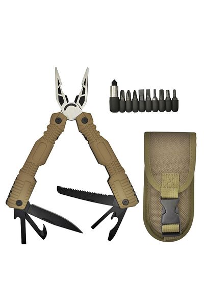 Depox Clește multifuncțional, echipament de supraviețuire, oțel inoxidabil, 16 funcții, 24 cm, bej, cutie inclusă