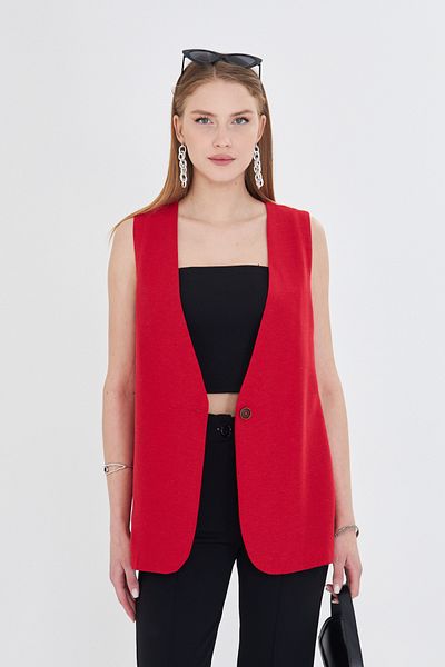 armonika Women's Red V-Neck Single Button Oversize Vest Arm-25Y 001036