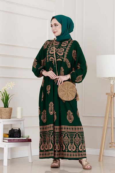 Sevitli Half Button Robe Amine Dress-Green