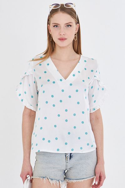 armonika Women's Turquoise V-Neck Short Sleeve Blouse with Ruffled Sleeves Arm-25Y 001045