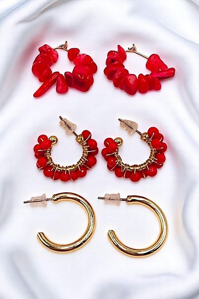 PETEK AKSESUAR Natural Stone And Crystal Hoop Earring Set Red