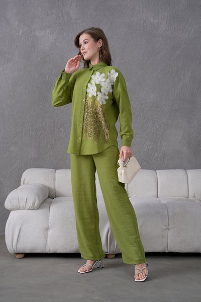 Miss Allos Women's Front Sequin Sequin Embroidered Tulle Flower and Stone Embroidered Linen Shirt and Pants Bottom Top Set