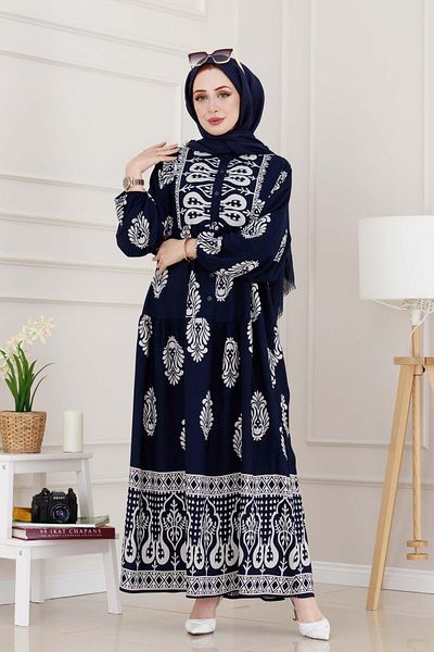Sevitli Half Button Robe Amine Dress-Navy Blue