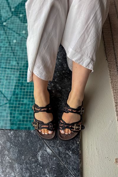 SHOEBELLAS Ressia Leopard Double Buckle Detailed Women's Slippers
