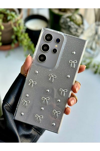 Go Aksesuar جراب سيليكون بتصميم فيونكة صغيرة ثلاثية الأبعاد متوافق مع هاتف Galaxy S24 ULTRA مع لعبة