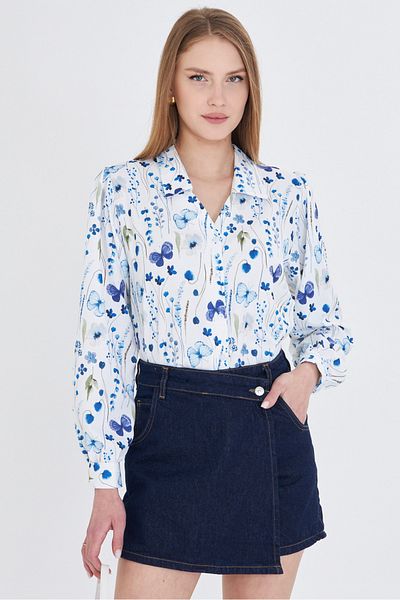 armonika Cămașă cu model Saks pentru femei, cu decolteu în V, cu mâneci cu balon ARM-25Y 001016