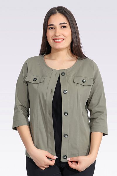 TOLGA SARAÇOĞLU 50276 Khaki Three Quarter Sleeve Unlined Cotton Jacket