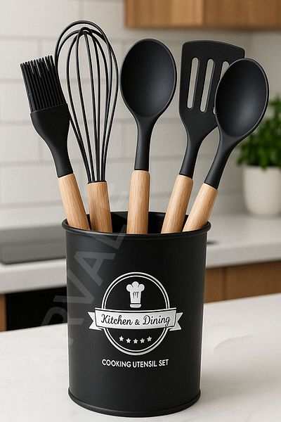 ARVALE 6 Piece Flodra Wooden Handle Silicone Kitchen Set |   Spatula, Spoon, Whisk, Serving Spoon, Ladle