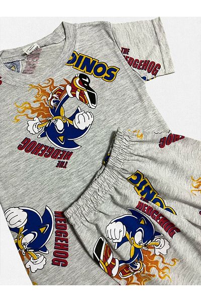 Fil Kids Boys' 100% Cotton Gray Sonic Patterned Short Sleeve Shorts Summer Pajama Set