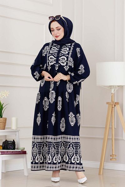 Sevitli Half Button Robe Amine Dress-Navy Blue