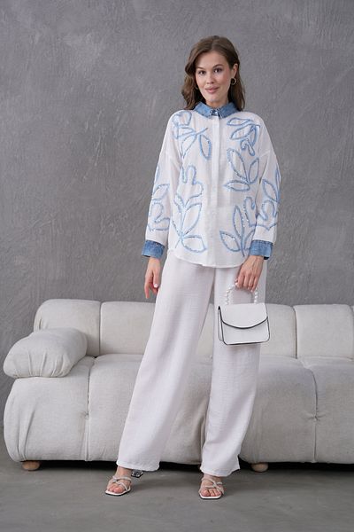 Miss Allos Women's Front Embroidered Collar and Cuff Denim Detailed Linen Shirt and Pants Bottom Top Set