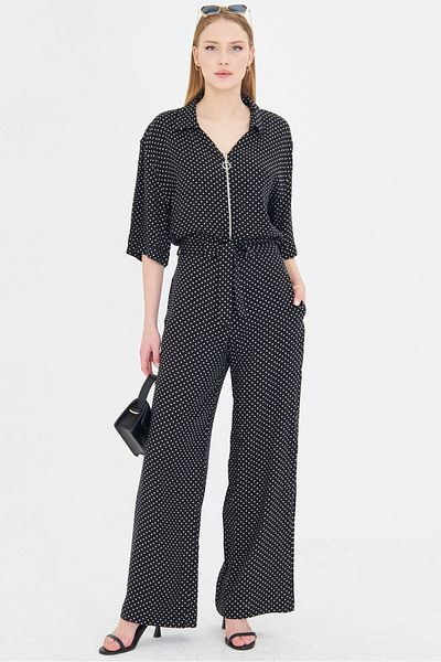armonika Women's Black Waist Belted Short Sleeve Pocket Wide Leg Jumpsuit