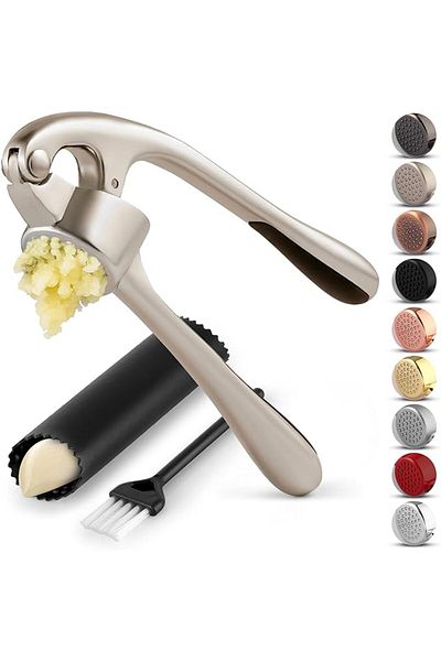 COOYA Premium Garlic Press Set - 3-Piece Mincer with Peeler & Cleaning Brush (Silver)